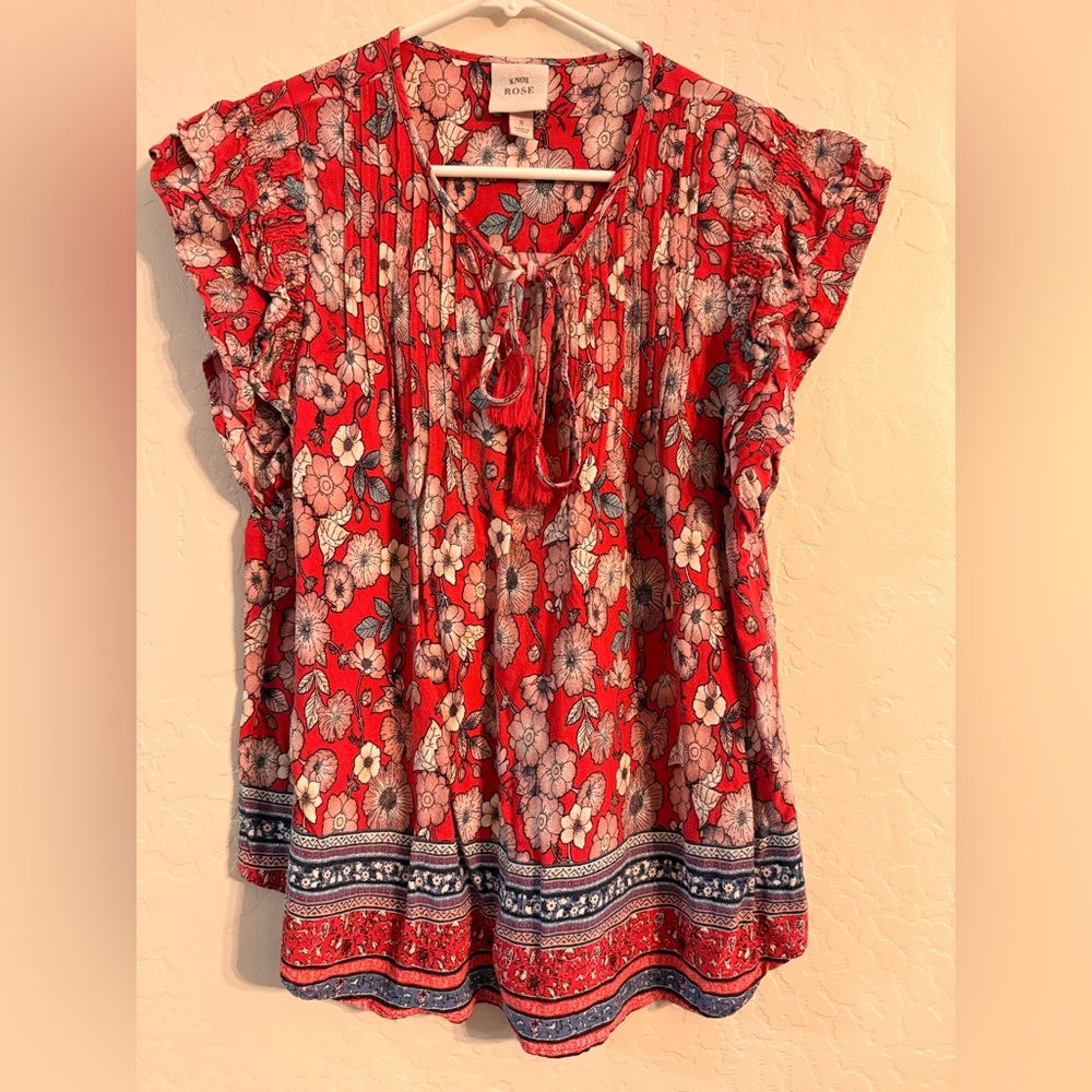 Knox Rose Red Floral Blouse with Blue Accents